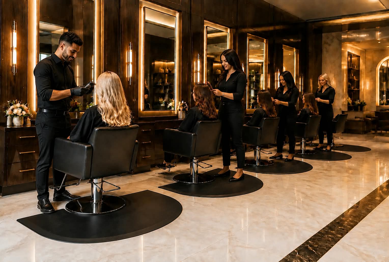 Salão de beleza luxuoso com profissionais trabalhando em pé sobre tapetes anti-fadiga Relax Salon